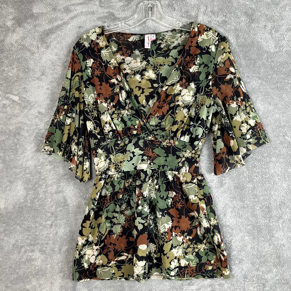 Y2K Sweet Pea Mesh Babydoll Blouse Womens L Floral Stretch Forest Fairy Grunge